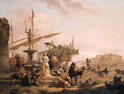 A Capriccio of a Mediterranean harbour with an elegant couple disembarking from a galley, bandits and merchants on the quay nearby Reproduction