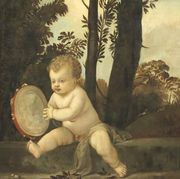 A putto playing the tambourine in a wooded landscape Reproduction