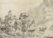 Peasants and animals fording a stream, below town walls Reproduction