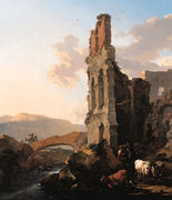 An Italianate river landscape with herdsmen by the ruins of an amphitheatre, and peasants crossing a bridge Reproduction