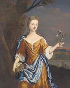 Portrait of a lady, three-quarter-length, in an orange dress and blue wrap, holding a sprig of flowers in her left hand Reproduction