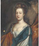 Portrait of a lady, half-length, wearing a blue and white dress with a gold wrap Reproduction