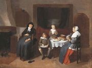 An interior with a family eating Reproduction