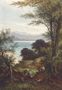 Figures in a wooded landscape, a coastal view beyond Reproduction