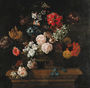 Roses, convolvulus, spider lilies, parrot tulips, a paeony and other flowers in a basket on a pedestal Reproduction