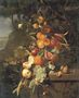 Peaches, apricots, grapes, oranges, blackberries, sheafs of corn and a pomegranate on a plinth with a sculpted relief, with butterflies Reproduction