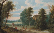 An extensive wooded landscape with a falconer and his hoop on a path Reproduction