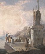 Figures on a quayside with shipping in calm waters Reproduction