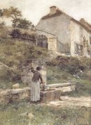 A Woman filling her bucket at a Well Reproduction