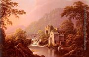 River Landscape With Bridge And Distant Mountains Reproduction