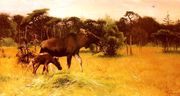 Moose with her Calf in a Landscape Reproduction