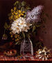 Still Life Of Lilacs And Other Flowers In A Glass Vase, Sprigs Of Honeysuckles, And A Bird Perched On A Nest, All Resting On A Marble Ledge Reproduction