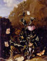 Still Life Of A Thistle And Other Flowers Surrounded By Moths, A Dragonfly, A Lizard, And A Snake, In A Landscape Reproduction