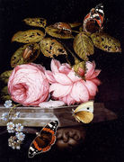 A Still Life With Sprigs Of Guelder-Rose And Forget-Me-Not Resting On A Sculpted Marble Ledge, And Red Admiral Butterflies And A Cabbage White, And Large Bugs Reproduction