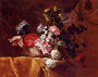 Still Life Of Hydrangeas, Convolvuli, Peonies And Other Flowers In An Urn On A Draped Stone Ledge Reproduction