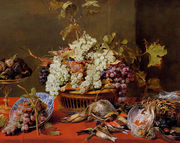 A Still Life Of Grapes In A Basket And A Bunch In A Wan-li 'Kraak' Porcelain Bowl With Figs In A Tazza On A Red Draped Ledge With A Woodstock, Pheasants, A Partridge And Other Birds Reproduction