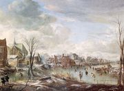 A Frozen River near a Village, with Golfers and Skaters 1648 Reproduction