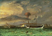 Volcano and fishing proas near Passoeroean, on the Java coast, Indonesia Reproduction