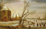 A Winter Landscape With Skaters On A Frozen River Reproduction