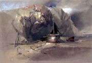 A Fishing Smack and a Small Boat drawn up on the Shore Beneath a Rocky Cliff Reproduction