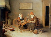 An interior with a old woman at a spinning wheel, 1657 Reproduction