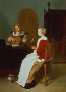 An interior with a lute player and a woman holding a parrot Reproduction