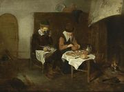 A Couple Having a Meal before a Fireplace Reproduction